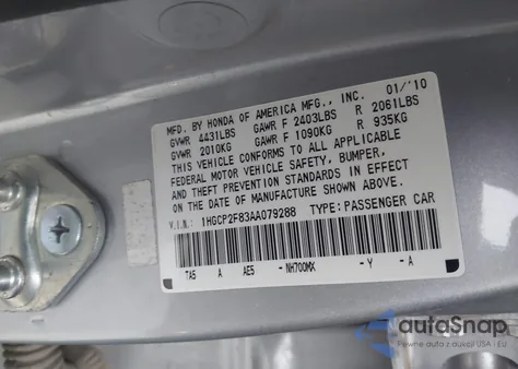 2010 Honda Accord 2.4 Ex-L из США, поврежденный, VIN 1HGCP2F83AA079288